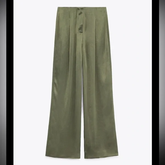 NEW ZARA Satin Effect Full Length Dart Pants in Khaki - Picture 2 of 6